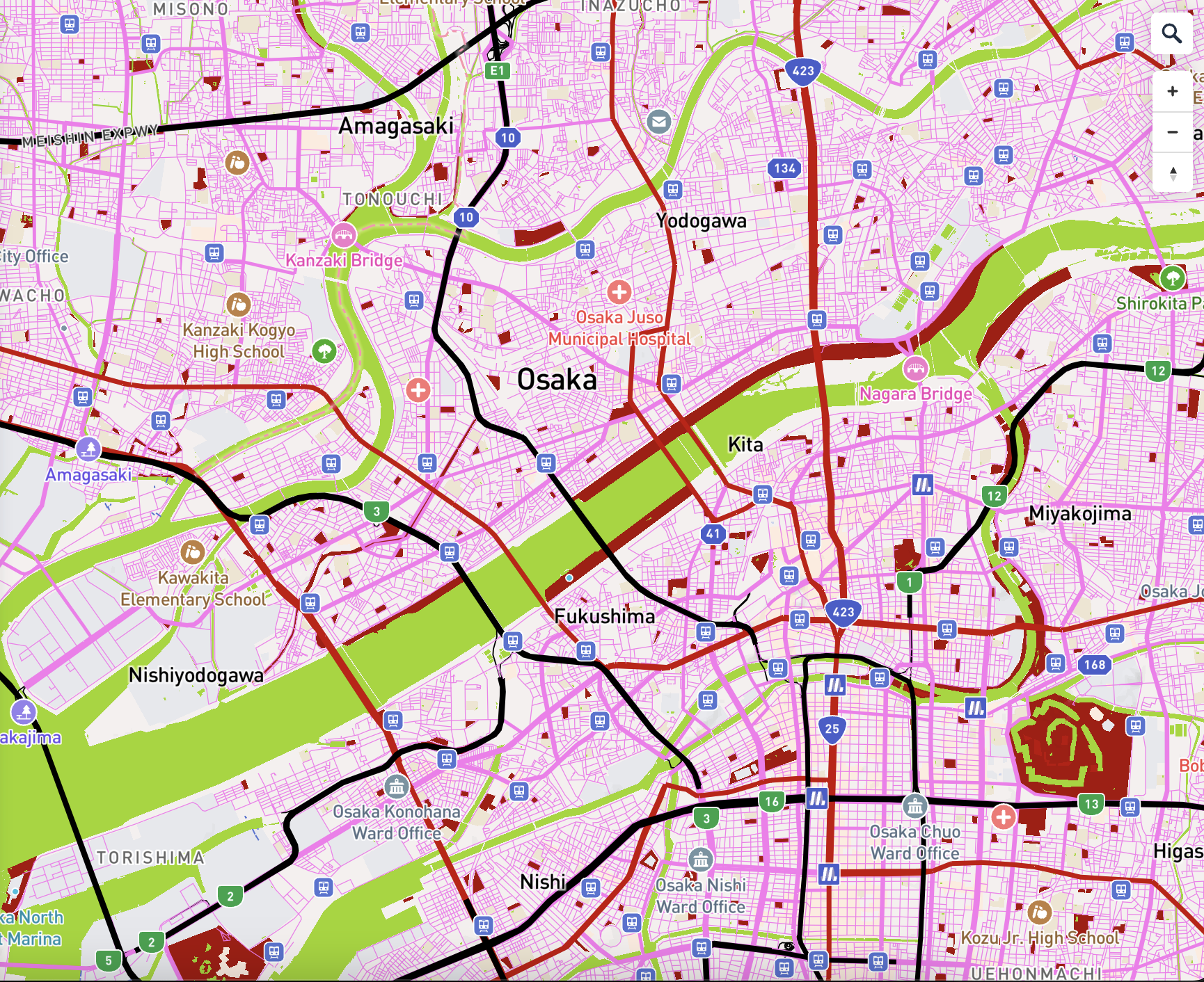 Pink Osaka City Center: Adjusted the visual style of Road & transit network and Greenspace color.